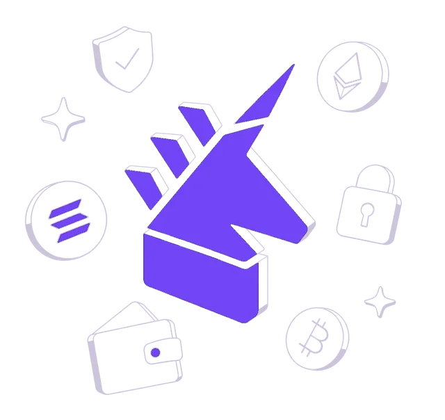 100X unicorn surrounded by a wallet, digital coins, and security symbols