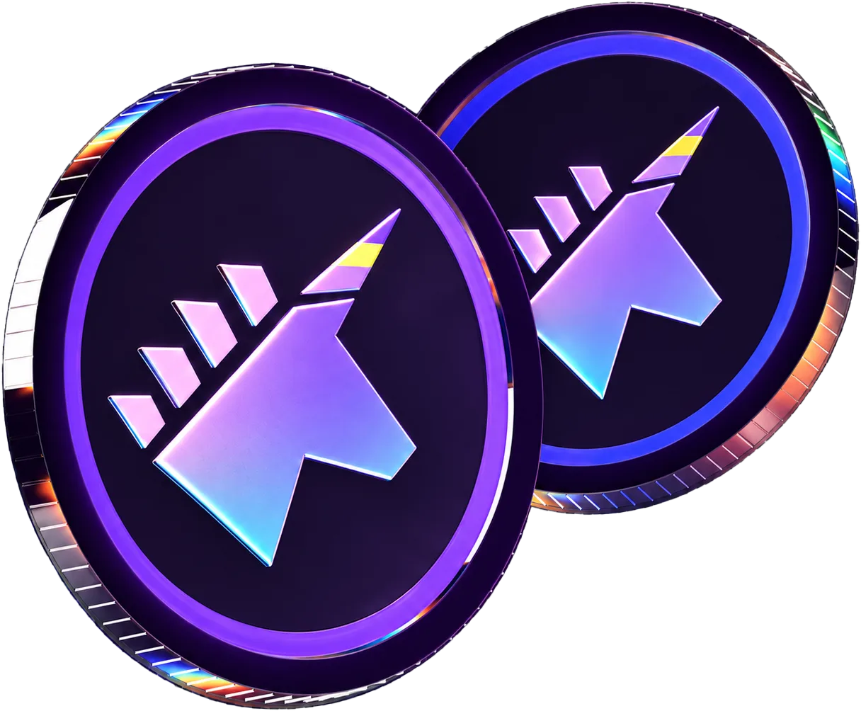 Floating metallic 100X unicorn coin with purple iridescent edges